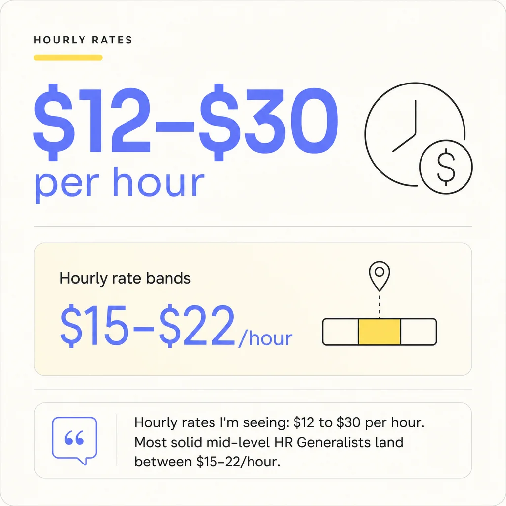 Inline infographic showing hourly rate bands: $12–$30 per hour with a highlight on mid-level $15–$22/hour.