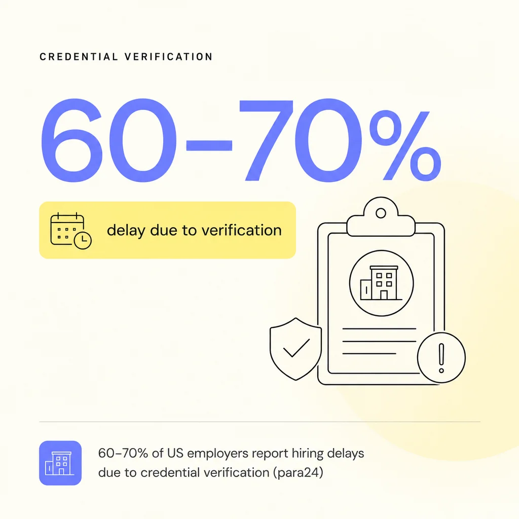 Inline infographic showing 60–70% hiring delays from credential verification in US employers.
