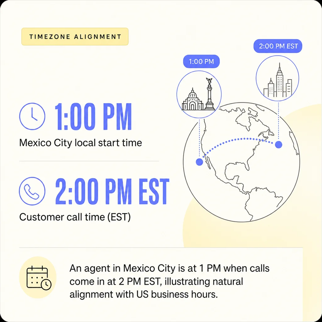 Inline infographic showing Mexico City local time at 1 PM aligning with 2 PM EST customer calls.