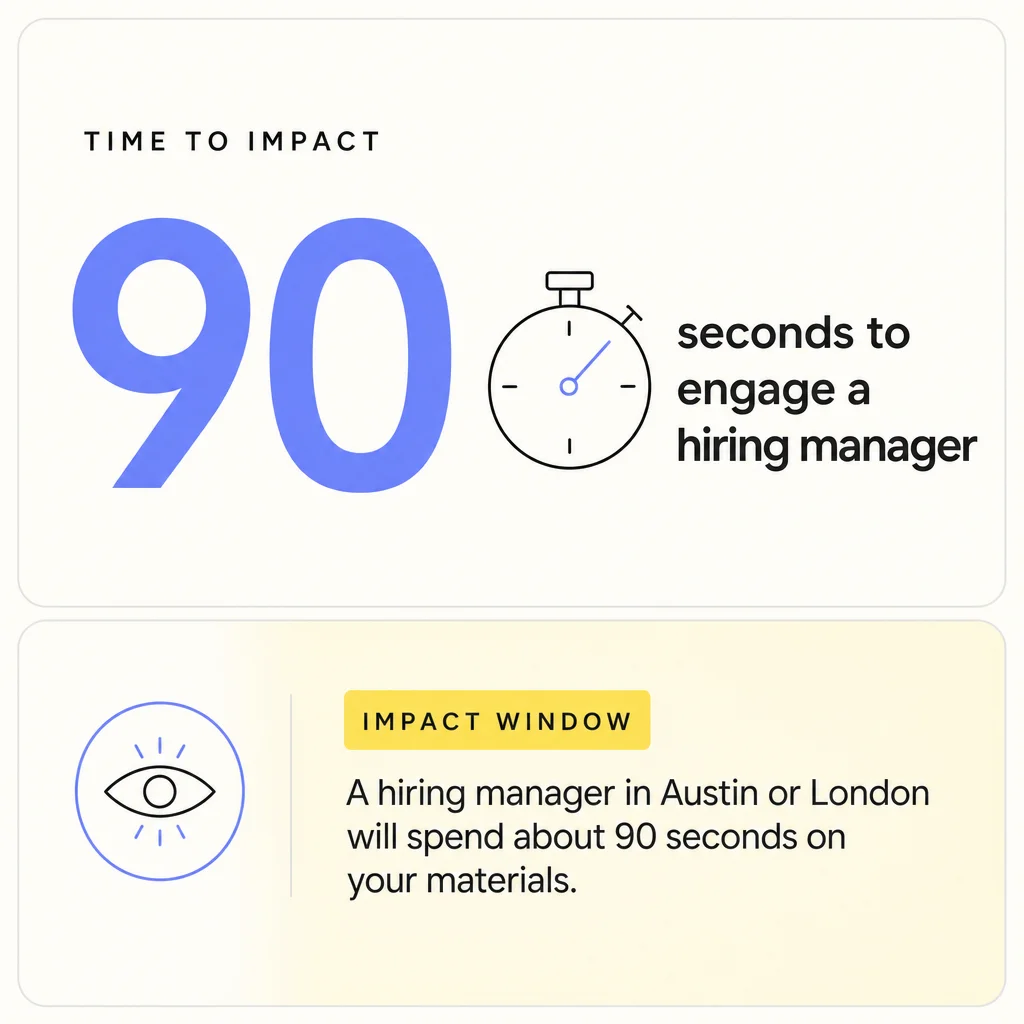Inline infographic showing that a hiring manager spends about 90 seconds on initial materials to decide whether to continue.