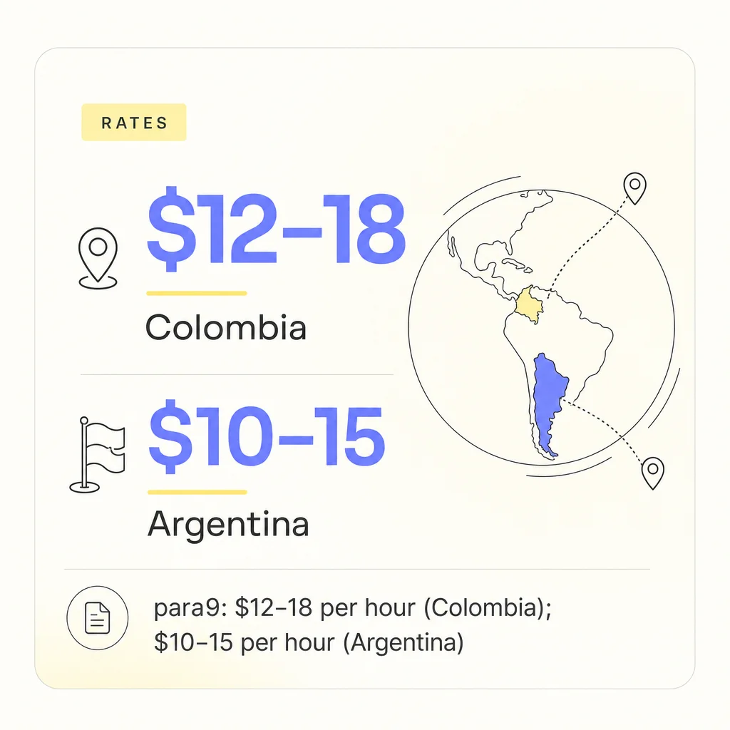 Inline data snippet showing Colombian and Argentine hourly rates for mid-level LATAM SEO specialists.
