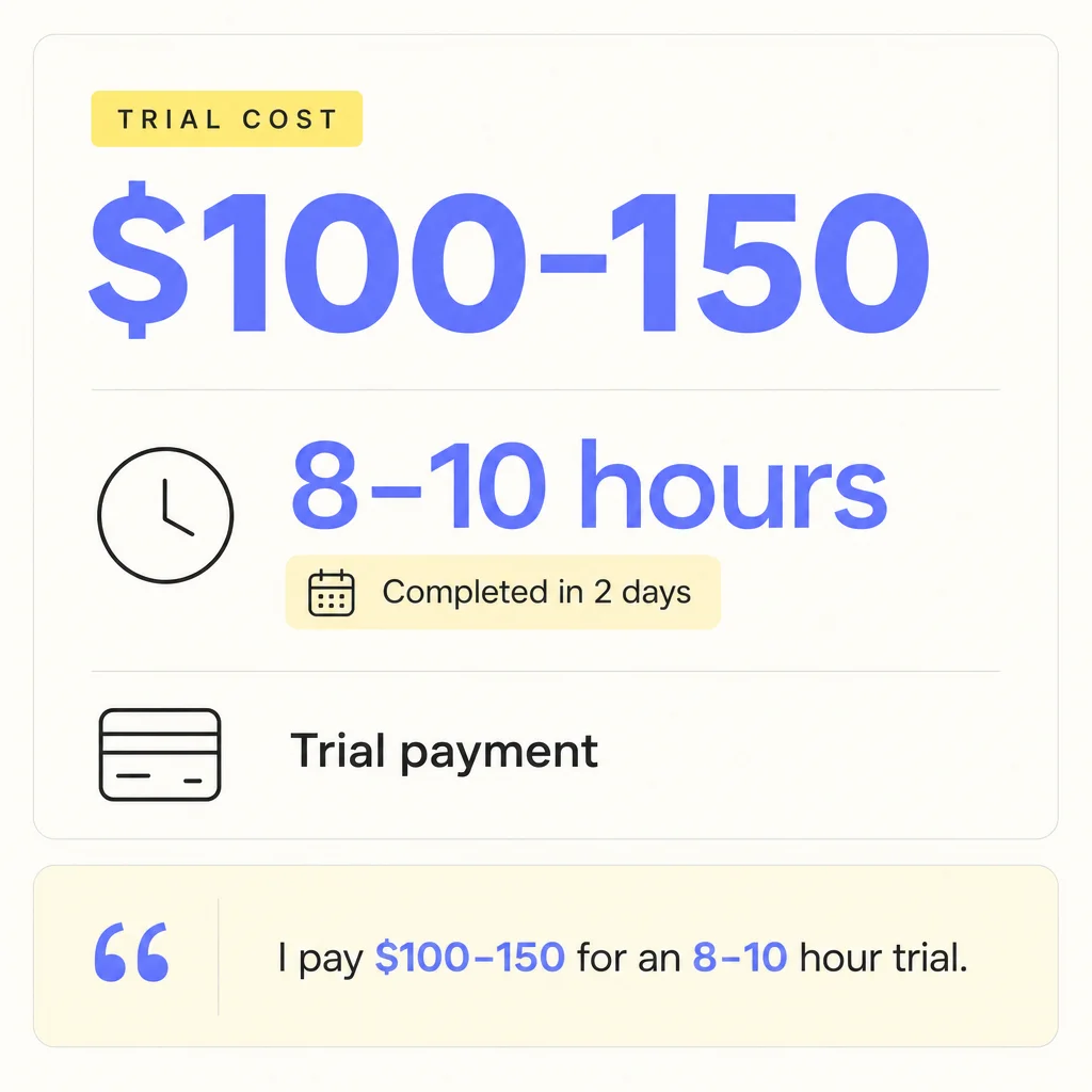 Inline infographic showing a paid trial cost of $100–$150 for 8–10 hours of work, typically completed in a couple of days.