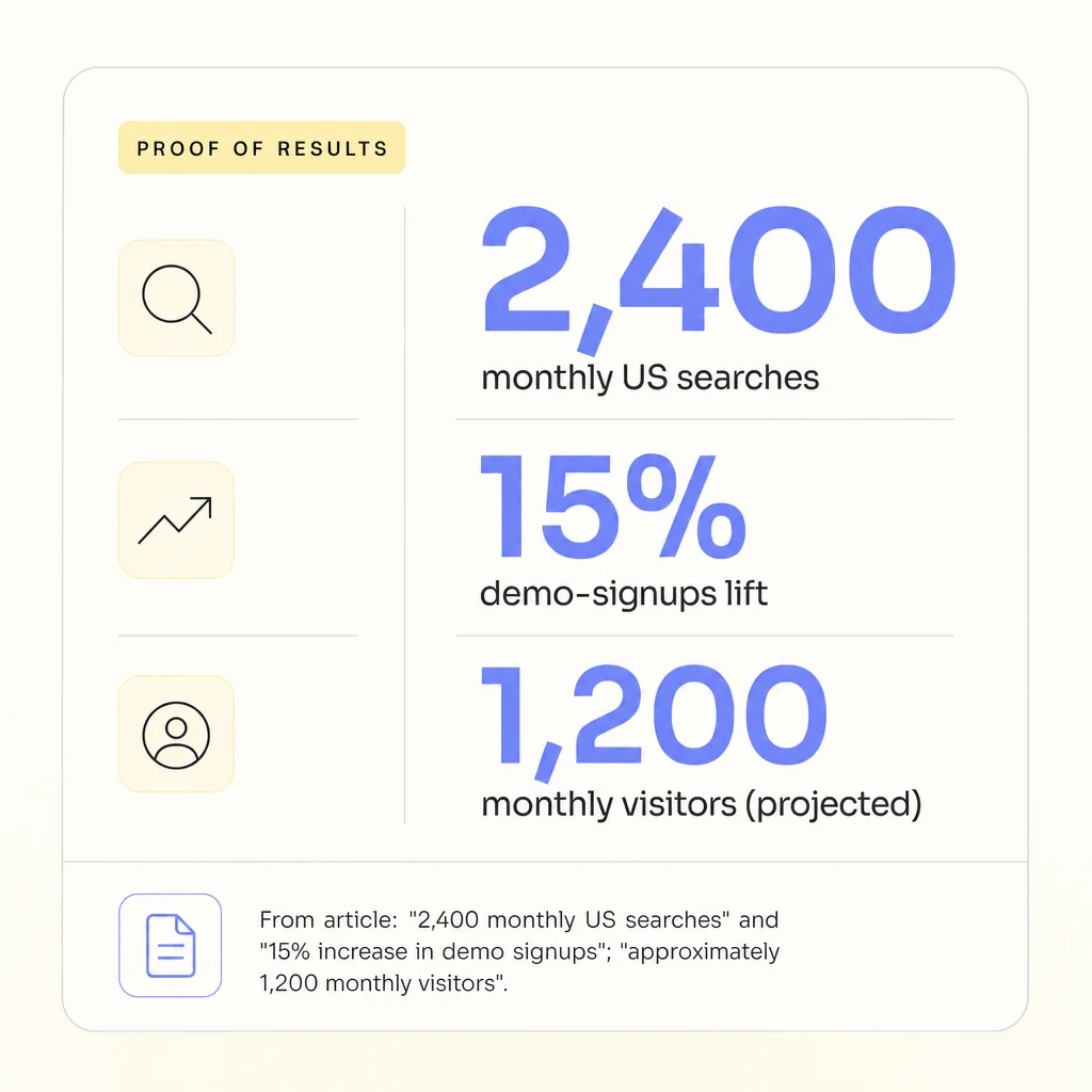 Inline infographic showing three data points: 2,400 monthly US searches, 15% demo-signups lift, and 1,200 projected monthly visitors.